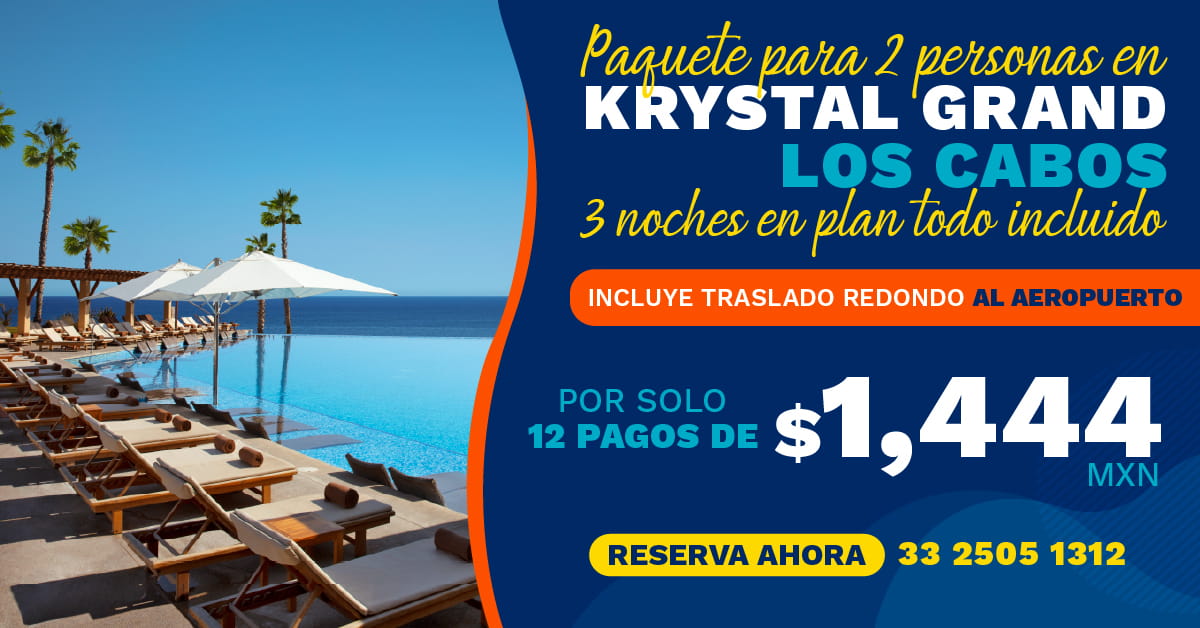 Promoción Krystal Grand Los Cabos para 2 personas con 3 noches Todo Incluido y traslado redondo al aeropuerto desde 12 pagos de $1,444 MXN.